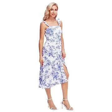 SOLY HUX Womens Floral Midi Dress Square Neck Summer Boho Dresses Fitted Sundress with Slit Blue and White M