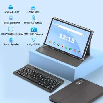 Android 14 Tablet, 10 inch Tablet with Keyboard, 16GB+128GB, 1TB Expand, Octa-Core, 2.4G/5G WiFi, 80...