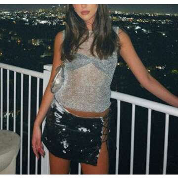 Women 's Sparkly Tank Top Y2k Sleeveless Sheer Mesh Crochet Knit Crop Tops See Through T Shirt Camis...