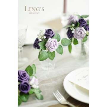 Ling's Moment Artificial Wedding Flowers 1.5" Rose Buds and 2" Petite Roses 25pcs Lilac & Purple w/S...