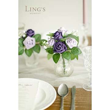 Ling's Moment Artificial Wedding Flowers 1.5" Rose Buds and 2" Petite Roses 25pcs Lilac & Purple w/Stem for DIY Wedding Boutonniere Wrist Corsages Bouquets Centerpieces Arrangements