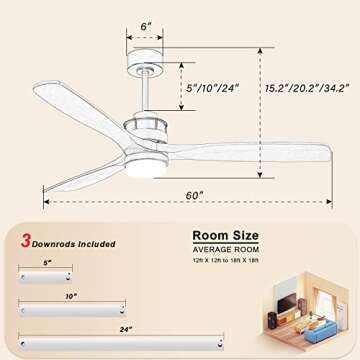 Sofucor 60 Inch Ceiling Fan With Light Farmhouse Ceiling Fan With Remote Control 3 Wood Blades Reversible DC Motor Timer for Modern Contemporary Kitchen Bedroom Living Room Patio with Cover