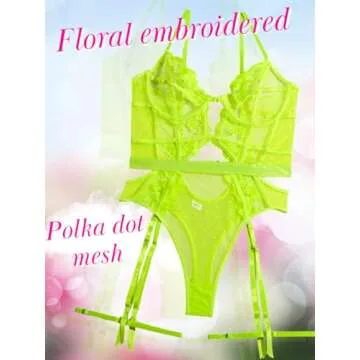 Kaei&Shi Glow in the Dark Lingerie,Underwire Floral Embroidered One Piece Lace Lingerie with Garter,Strappy Sexy Bodysuit for Women Blacklight Neon Green Medium