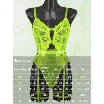 Kaei&Shi Glow in the Dark Lingerie,Underwire Floral Embroidered One Piece Lace Lingerie with Garter,Strappy Sexy Bodysuit for Women Blacklight Neon Green Medium