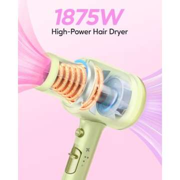 Wavytalk Hair Dryer with Diffuser, Blown Away Ionic Hair Dryer for Curly Hair with Comb, 1875W Fast Drying Blow Dryer with Ceramic Technology, 3 Attachments for All Hair Types, Light and Quiet, Green