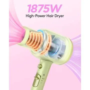 Wavytalk Hair Dryer with Diffuser, Blown Away Ionic Hair Dryer for Curly Hair with Comb, 1875W Fast Drying Blow Dryer with Ceramic Technology, 3 Attachments for All Hair Types, Light and Quiet, Green