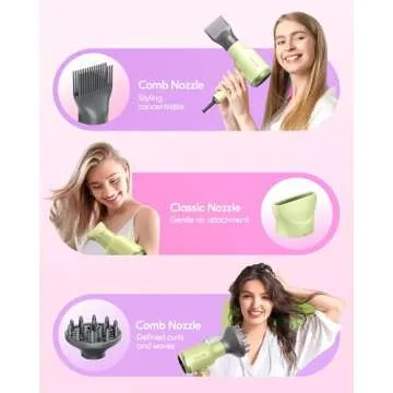 Wavytalk Hair Dryer with Diffuser, Blown Away Ionic Hair Dryer for Curly Hair with Comb, 1875W Fast Drying Blow Dryer with Ceramic Technology, 3 Attachments for All Hair Types, Light and Quiet, Green