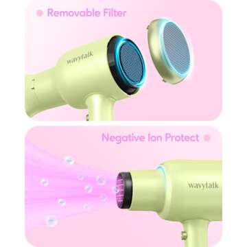 Wavytalk Hair Dryer with Diffuser, Blown Away Ionic Hair Dryer for Curly Hair with Comb, 1875W Fast Drying Blow Dryer with Ceramic Technology, 3 Attachments for All Hair Types, Light and Quiet, Green