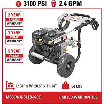SIMPSON Cleaning MS60763-S MegaShot 3100 PSI Gas Pressure Washer, 2.4 GPM, Kohler RH265 Engine, Includes Spray Gun and Extension Wand, 5 QC Nozzle Tips, 1/4-in. x 25-ft. MorFlex Hose