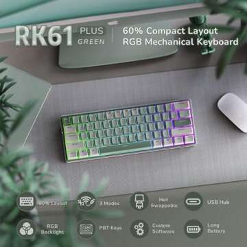 RK ROYAL KLUDGE RK61 Plus Mechanical Keyboard, 60% Percent Wireless Gaming Keyboard with USB Hub, Bl...