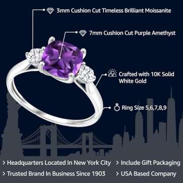 Gem Stone King 1.66 Cttw 10K White Gold Purple Amethyst and White Moissanite 3-Stone Engagement Ring...