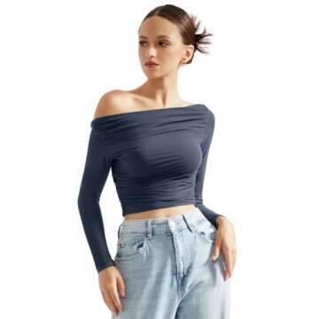 SUUKSESS Women Off Shoulder Long Sleeve Shirts Double Lined Fitted Crop Tops Y2K Tight T Shirts (Nav...