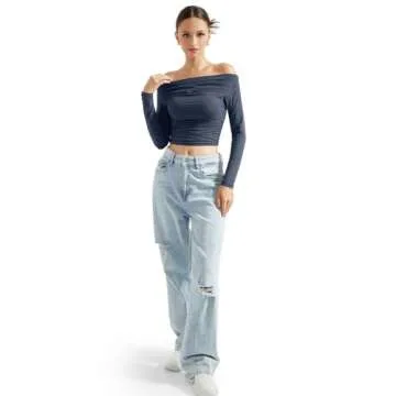 SUUKSESS Women Off Shoulder Long Sleeve Shirts Double Lined Fitted Crop Tops Y2K Tight T Shirts (Navy Blue,M)