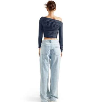 SUUKSESS Women Off Shoulder Long Sleeve Shirts Double Lined Fitted Crop Tops Y2K Tight T Shirts (Navy Blue,M)