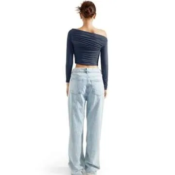 SUUKSESS Women Off Shoulder Long Sleeve Shirts Double Lined Fitted Crop Tops Y2K Tight T Shirts (Navy Blue,M)