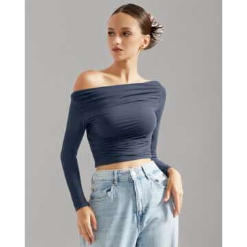 SUUKSESS Women Off Shoulder Long Sleeve Shirts Double Lined Fitted Crop Tops Y2K Tight T Shirts (Navy Blue,M)