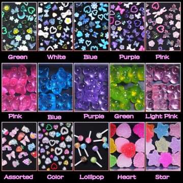 CESUSME 3D Nail Charms Assorted Mix Bear Cartoon Pink Color Blue White Nail Charms Lollipop Color Flower Butterfly Bowknots Heart Pearls Candy Cute Nail Charms for Nail Art DIY Accessories