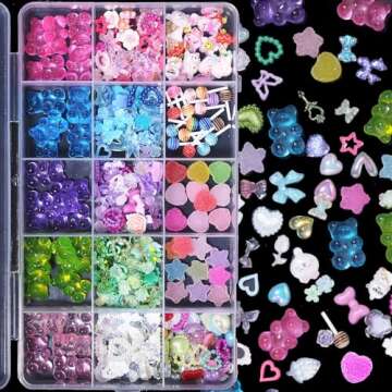 CESUSME 3D Nail Charms Assorted Mix Bear Cartoon Pink Color Blue White Nail Charms Lollipop Color Flower Butterfly Bowknots Heart Pearls Candy Cute Nail Charms for Nail Art DIY Accessories