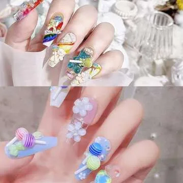 CESUSME 3D Nail Charms Assorted Mix Bear Cartoon Pink Color Blue White Nail Charms Lollipop Color Flower Butterfly Bowknots Heart Pearls Candy Cute Nail Charms for Nail Art DIY Accessories