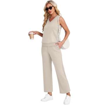 WIHOLL 2 Piece Sets for Women Dressy Lounge Sets Summer V Neck Matching Sets Wide Leg Crop Pants Com...