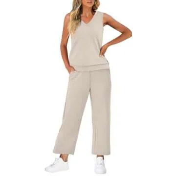 WIHOLL 2 Piece Sets for Women Dressy Lounge Sets Summer V Neck Matching Sets Wide Leg Crop Pants Comfortable Travel Outfits Beige S