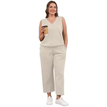 WIHOLL 2 Piece Sets for Women Dressy Lounge Sets Summer V Neck Matching Sets Wide Leg Crop Pants Comfortable Travel Outfits Beige S
