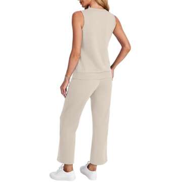 WIHOLL 2 Piece Sets for Women Dressy Lounge Sets Summer V Neck Matching Sets Wide Leg Crop Pants Comfortable Travel Outfits Beige S
