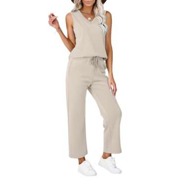 WIHOLL 2 Piece Sets for Women Dressy Lounge Sets Summer V Neck Matching Sets Wide Leg Crop Pants Comfortable Travel Outfits Beige S