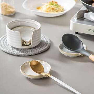 LIUCUON Ceramic Spoon Rest,Spoon Holder,Soy Sauce Dishes with Holder for Kitchen,Household Dipping Sauce Dishes Set, Side Dishes, Kitchen Basics,Set of 4 Kitchen Accessories For Utensils (cream)