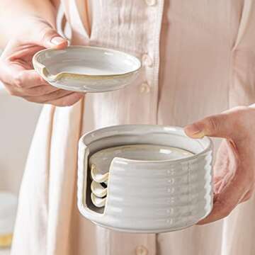 LIUCUON Ceramic Spoon Rest,Spoon Holder,Soy Sauce Dishes with Holder for Kitchen,Household Dipping Sauce Dishes Set, Side Dishes, Kitchen Basics,Set of 4 Kitchen Accessories For Utensils (cream)