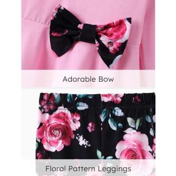 PATPAT Girls 2 Piece Outfits Size 11-12, Pink Tunic Tops And Floral Print Leggings Matching Set, Long Sleeve Tops With Bowknot Ropa Para Niñas De 12 Años Cute Clothes Big Kids Clothes