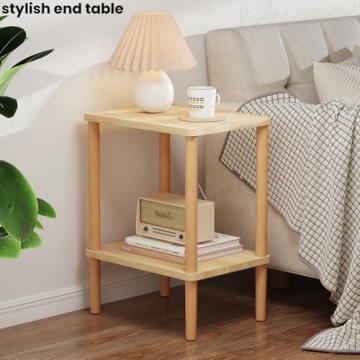 LUCKNOCK Solid Wood Side Table with 2-Tier Storage for Small Spaces