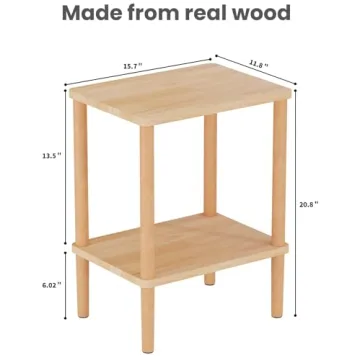 LUCKNOCK Solid Wood Side Table with 2-Tier Storage for Small Spaces