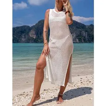Bsubseach Crochet Swim Cover Up for Women 2025 Knit Sleeveless Swimsuit Coverup Beach Dress Side Sli...