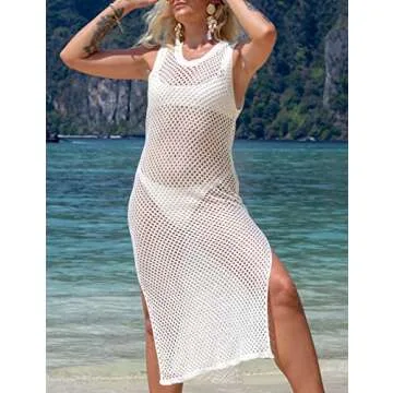 Bsubseach Crochet Swim Cover Up for Women 2025 Knit Sleeveless Swimsuit Coverup Beach Dress Side Slit White2