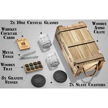 Whiskey Stones Gift Set for Men | Whiskey Glass and Stones Set with Wooden Army Crate, 8 Granite Whiskey Rocks Chilling Stones and 10oz Whiskey Glasses | Whiskey Gift for Men, Dad, Husband, Boyfriend