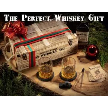 Whiskey Stones Gift Set for Men | Whiskey Glass and Stones Set with Wooden Army Crate, 8 Granite Whiskey Rocks Chilling Stones and 10oz Whiskey Glasses | Whiskey Gift for Men, Dad, Husband, Boyfriend