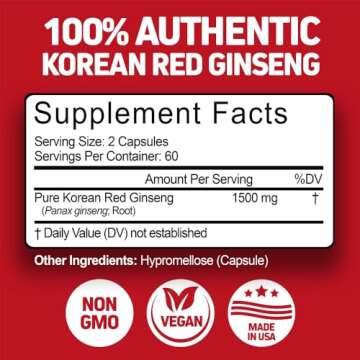 Herbtonics Korean Red Panax Ginseng 1500mg - High Potency Ginseng for Energy, Performance & Immune Support for Men & Women - Ginseng Root Extract Powder Supplement for Focus and Vitality -240 Capsules