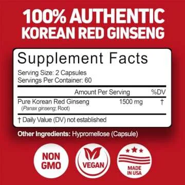 Herbtonics Korean Red Panax Ginseng 1500mg - High Potency Ginseng for Energy, Performance & Immune Support for Men & Women - Ginseng Root Extract Powder Supplement for Focus and Vitality -240 Capsules