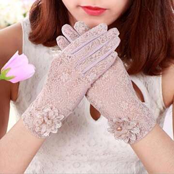Yuyeran Summer Women Sun UV Protection Lace Gloves Ladies Short Driving Gloves Touch Screen (Pink)