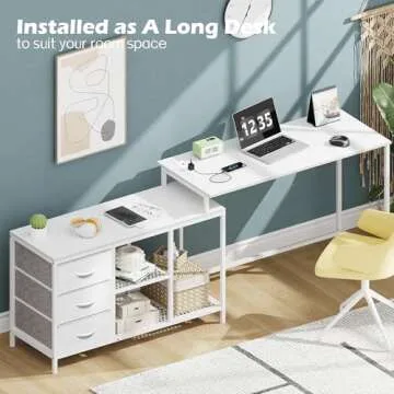 SUPERJARE L Shaped Desk with Power Outlets, Computer Desk with Drawers & Shelves, Corner Desk Gaming Desk Home Office Desk, White
