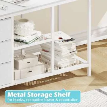 SUPERJARE L Shaped Desk with Power Outlets, Computer Desk with Drawers & Shelves, Corner Desk Gaming Desk Home Office Desk, White