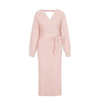 Fixmatti Women's Elegant V Neck Wrap Knit Dresses Batwing Sleeve Backless Slit Maxi Dress with Belted