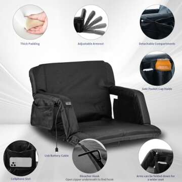 Heated Massage Stadium Seats, 25 Inch Heated Stadium Seats for Bleachers with 10000mAh Power Bank, 3 Levels of Heat & 6 Massage, 6 Reclining Positions for Indoor Stadiums, Baseball Stadiums