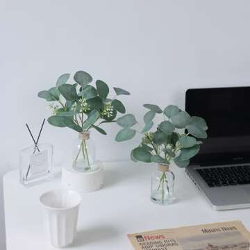 Zheart 2 Pack Small Fake Plants Eucalyptus Potted，Artificial Eucalyptus Stems in Glass Vase with Faux Water for Shelf Desk Bathroom Farmhouse Room Office Coffee Table Kitchen Home Decor (Green)