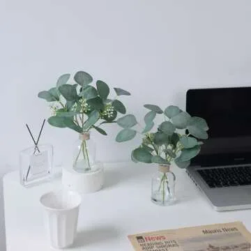 Zheart 2 Pack Small Fake Plants Eucalyptus Potted，Artificial Eucalyptus Stems in Glass Vase with Faux Water for Shelf Desk Bathroom Farmhouse Room Office Coffee Table Kitchen Home Decor (Green)