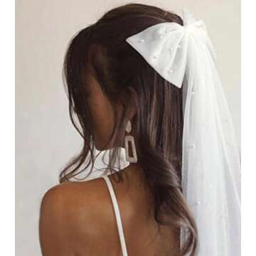 JEAIRTS Bridal Hair Bow Veil Pearl Wedding Hair Piece White Tulle Bow with Clip Bachelorette Party Hair Accessories for Women (Style 2)