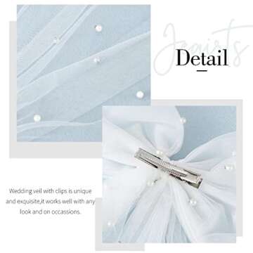 JEAIRTS Bridal Hair Bow Veil Pearl Wedding Hair Piece White Tulle Bow with Clip Bachelorette Party Hair Accessories for Women (Style 2)
