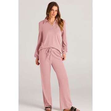 PRETTYGARDEN Women 2024 Fall Clothes 2 Piece Tracksuit Outfit Long Sleeve Lapel V Neck Tops Blouse Wide Leg Pants Lounge Sets (Pink,Medium)