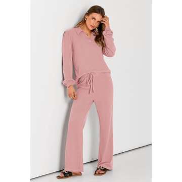 PRETTYGARDEN Women 2024 Fall Clothes 2 Piece Tracksuit Outfit Long Sleeve Lapel V Neck Tops Blouse Wide Leg Pants Lounge Sets (Pink,Medium)